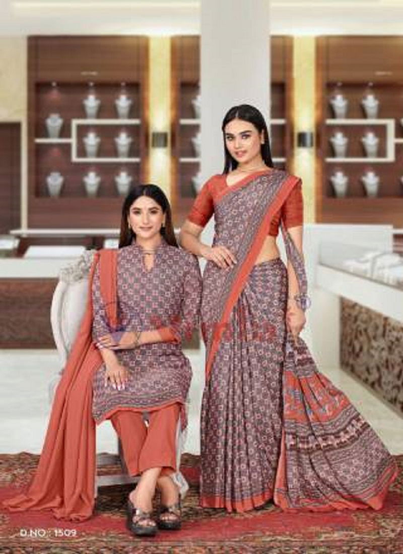 Angoori Crape Vol 5 Printed Uniform Dress With Saree Combo Catalog